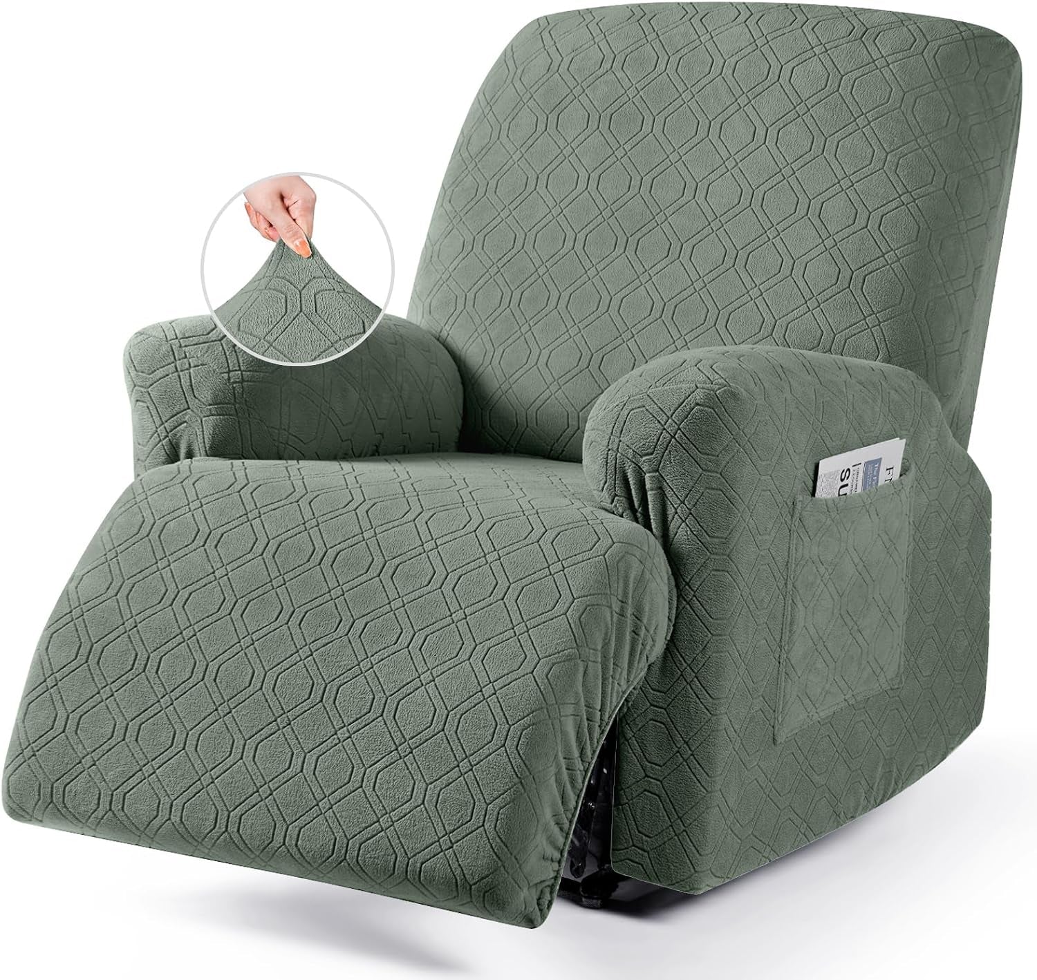Single recliner in sage green textured stretch cover showing arm pocket and lifted fabric detail inset.