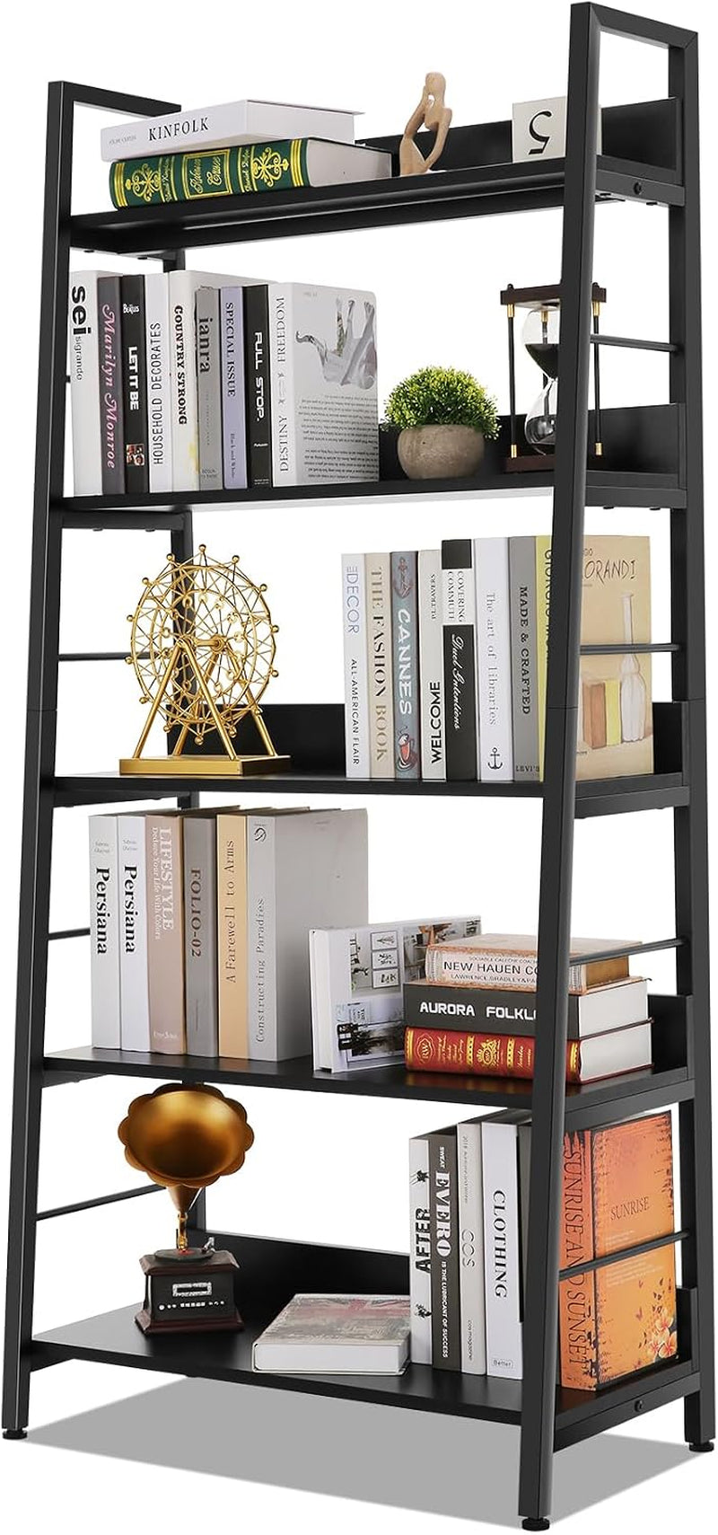 Front-facing product shot of the black 5-tier ladder bookcase with books and decorative objects on each shelf