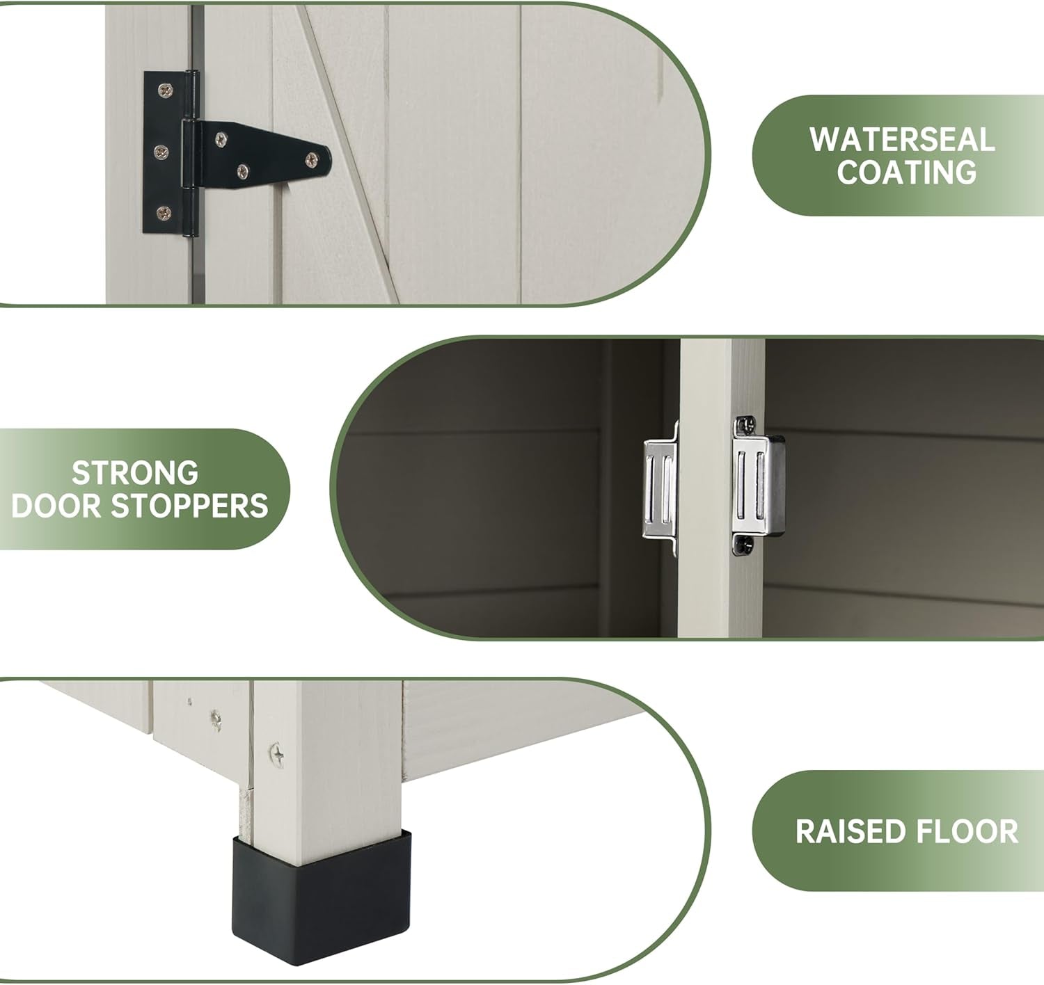 Three close-up detail ovals showing a hinge, a metal door stopper on the interior, and a raised plastic foot.