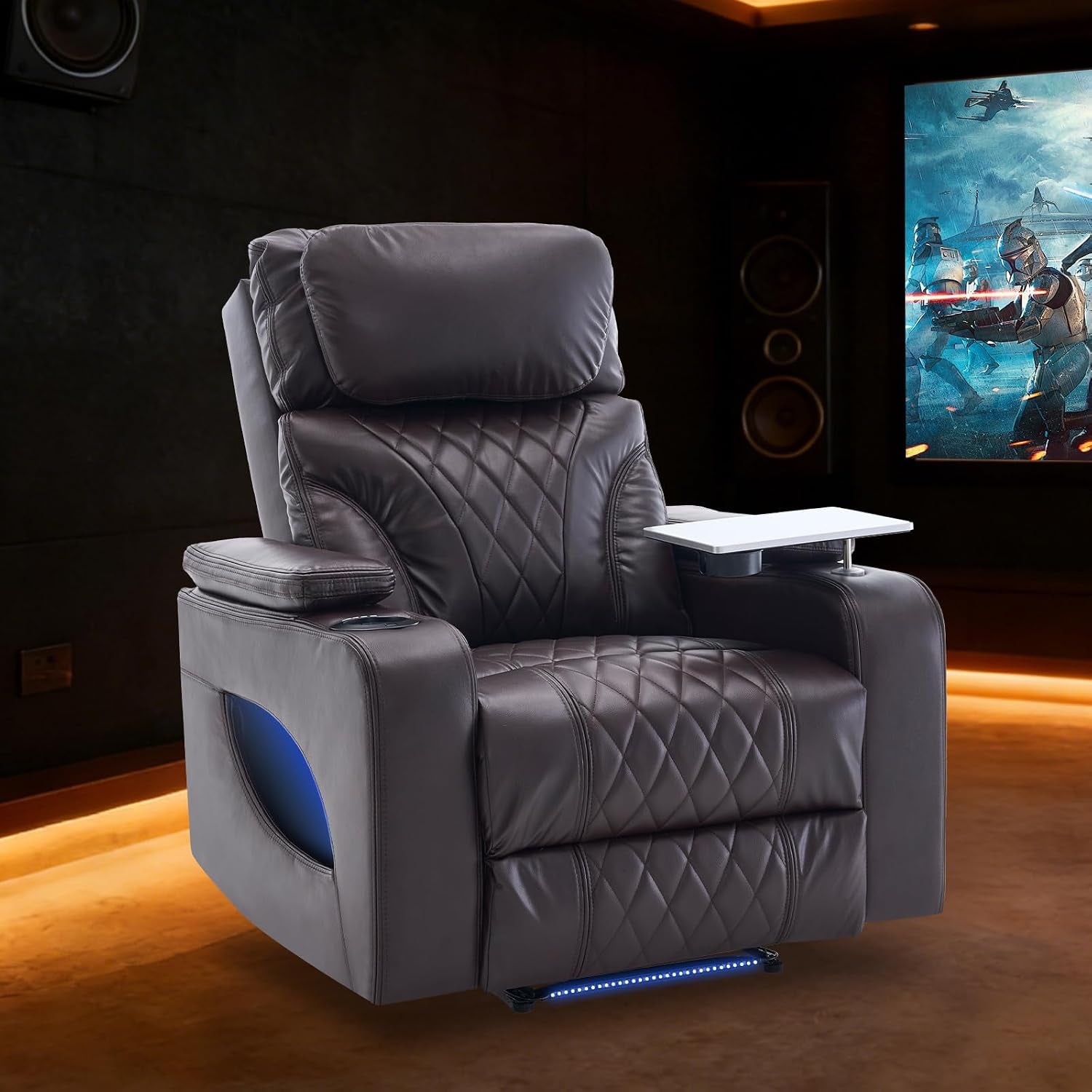 Brown recliner in a home theater setting with swivel tray table extended and LED base lighting visible