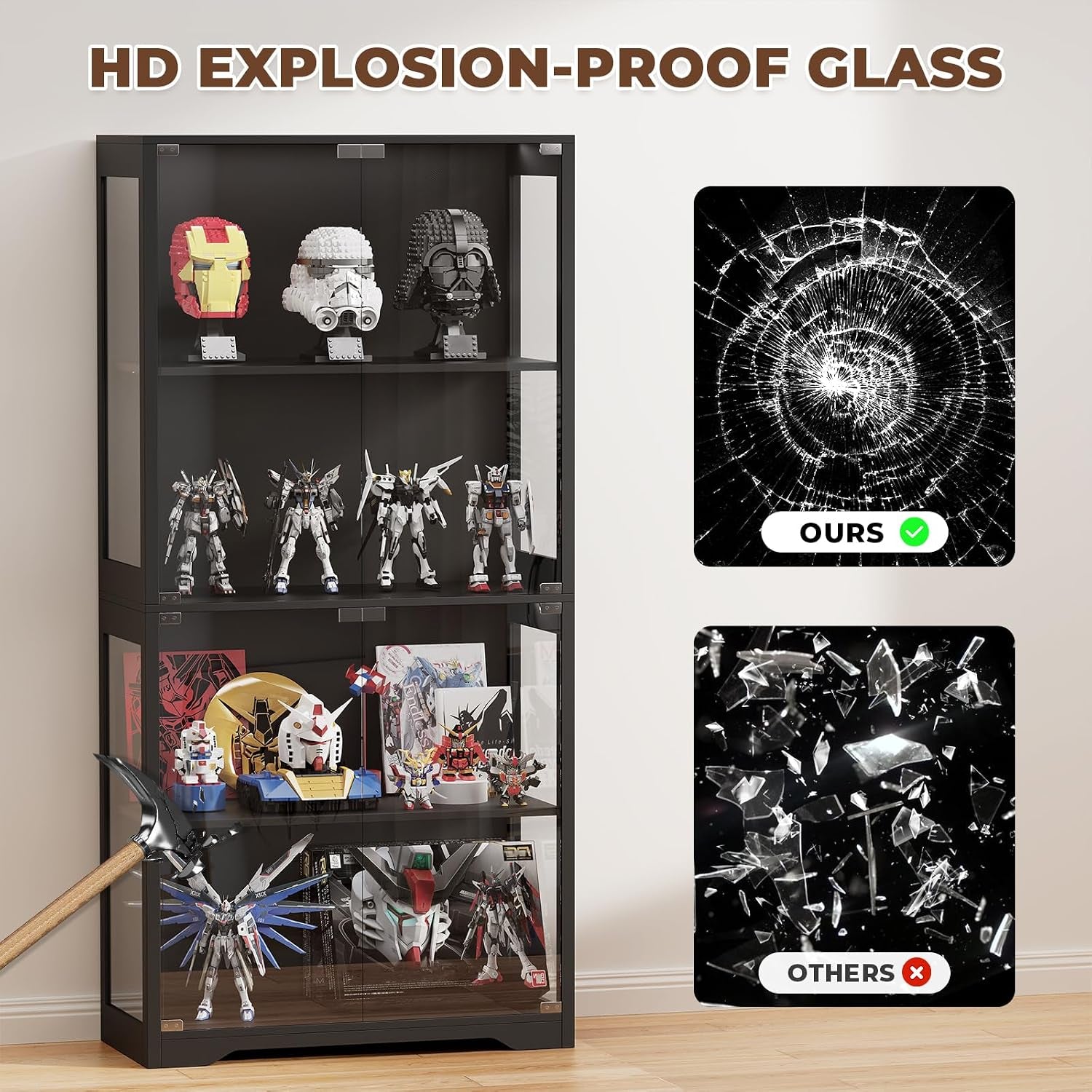 Black display cabinet filled with models and a graphic showing a cracked "ours" glass sample above shattered glass labeled