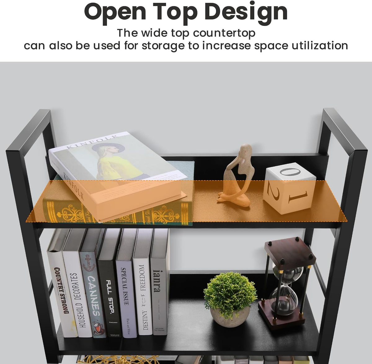 Close view of the bookcase top shelf with stacked books, a small abstract sculpture and a numbered cube