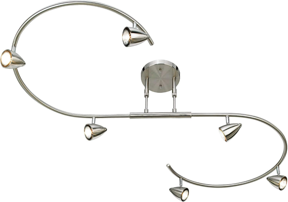 Curved S-wave ceiling light viewed from below with six cone spot heads mounted along sweeping metal arms.