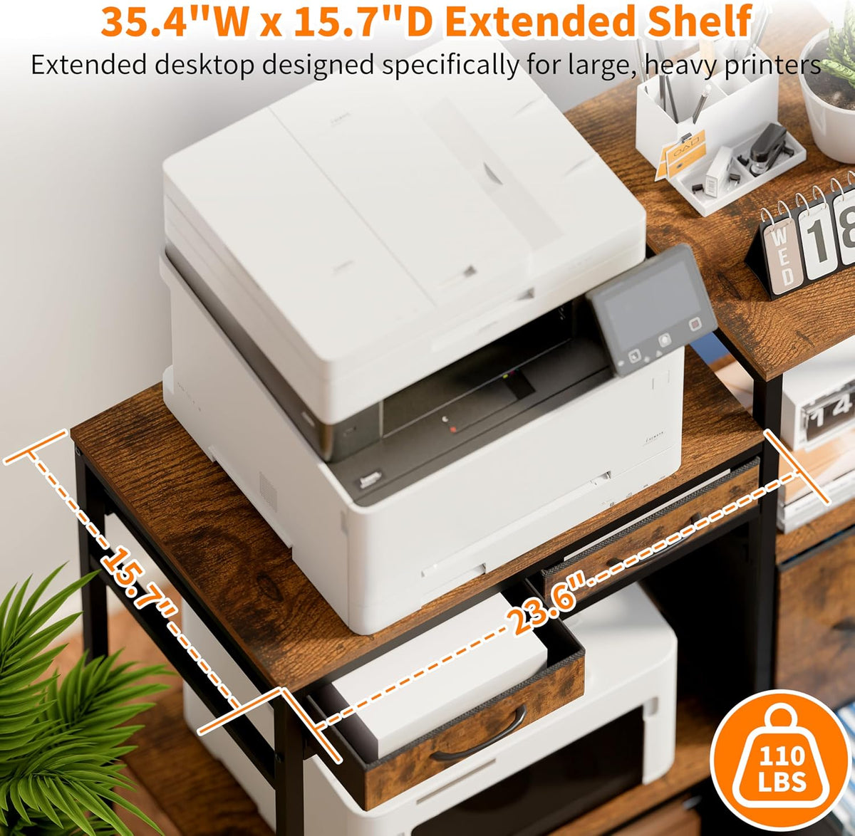 Close-up of the extended top shelf holding a large printer with overlaid 35.4"W x 15.7"D dimension graphics.