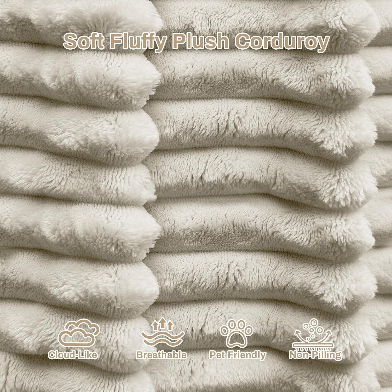 Tightly stacked close-up of soft fluffy plush corduroy fabric showing thick pile texture in cream