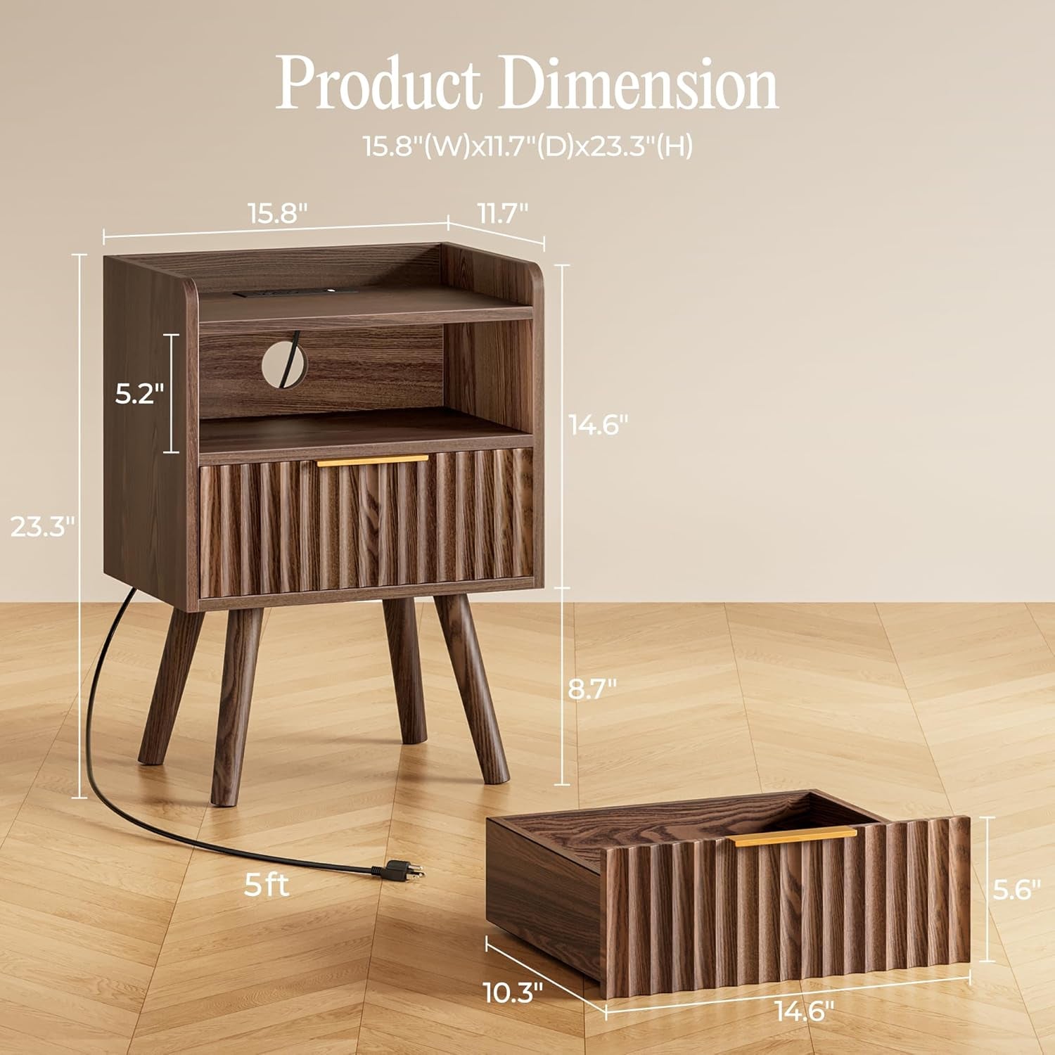 Single walnut nightstand with annotated dimensions and 5 ft power cord visible