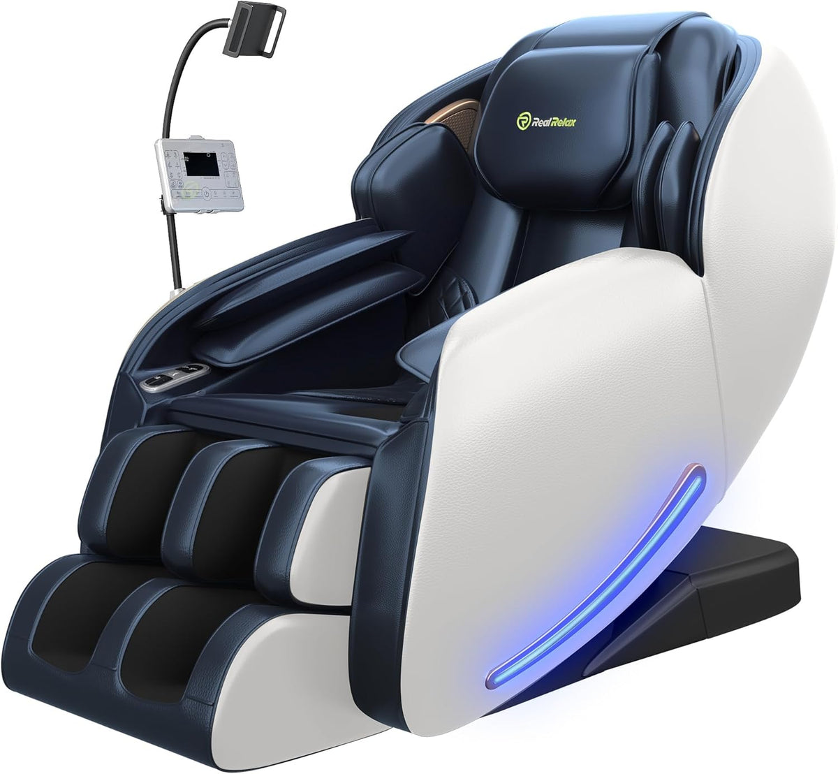 Three-quarter view of a navy and white massage chair with black inner cushions and illuminated side strip.