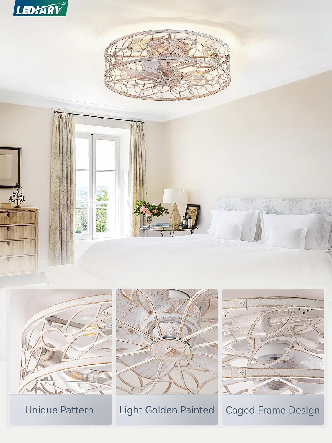 White-gold caged ceiling fan installed in a bedroom with inset close-ups of the pattern, painted finish and frame