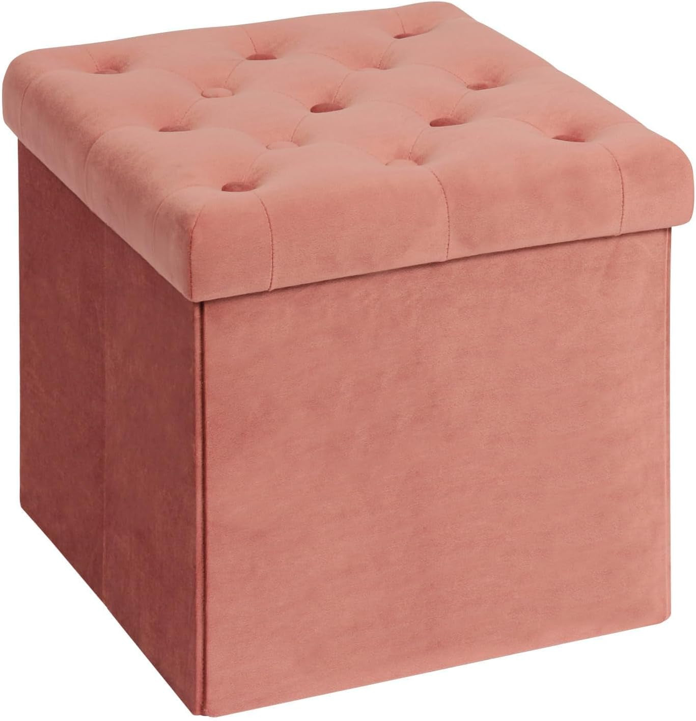 Three-quarter view of a pink square tufted storage ottoman with lid