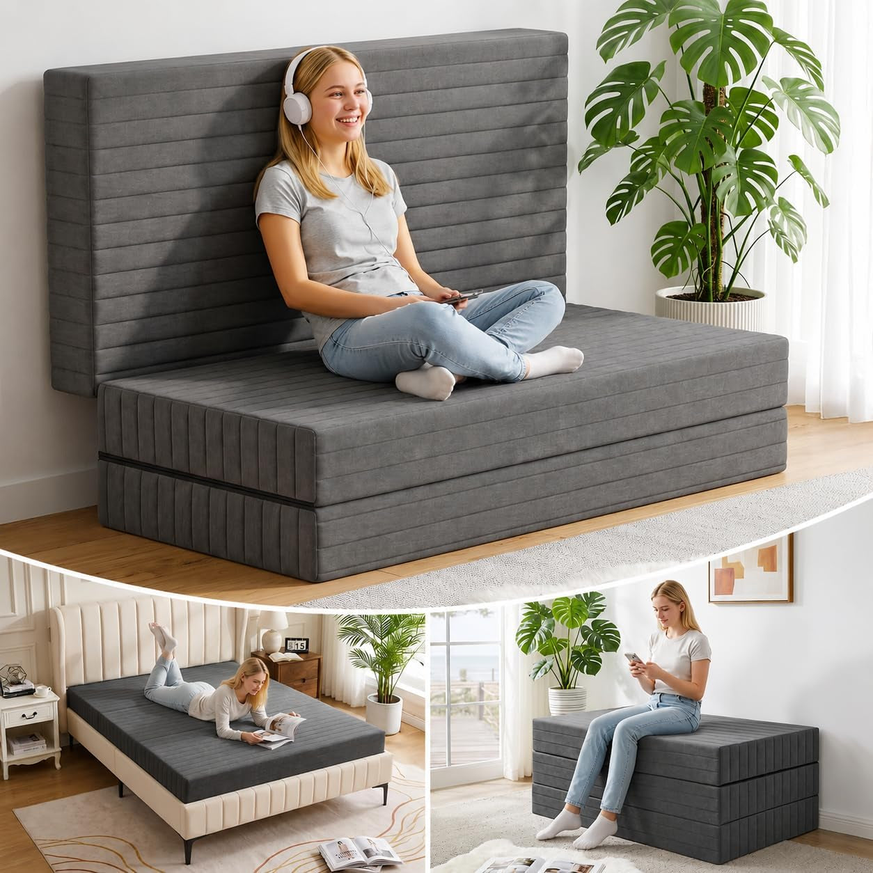 Collage of the mattress used as a sofa backrest, flat bed, and stacked bench in a bright room