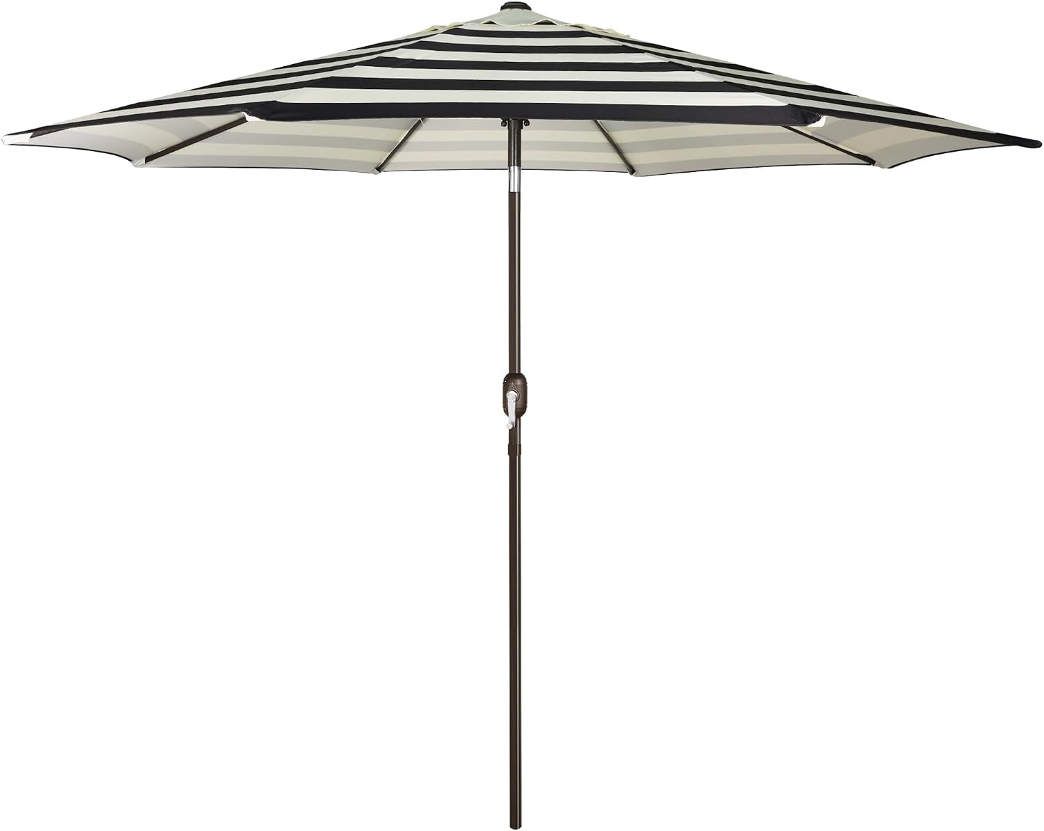 Full view of a black-and-white striped patio umbrella with brown pole and crank, open against white background.