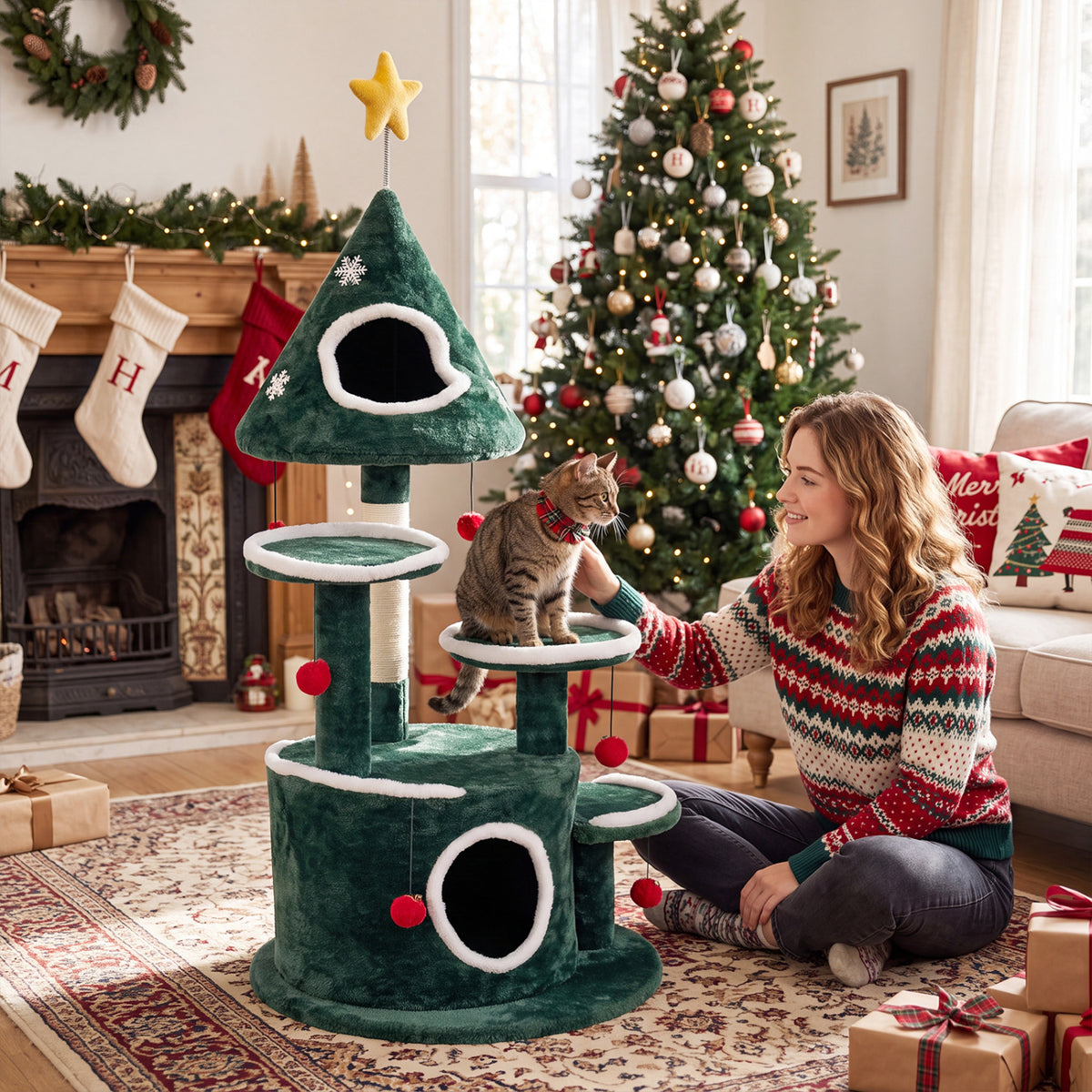 Green Christmas tree-shaped cat tree beside a woman and cat in a holiday living room