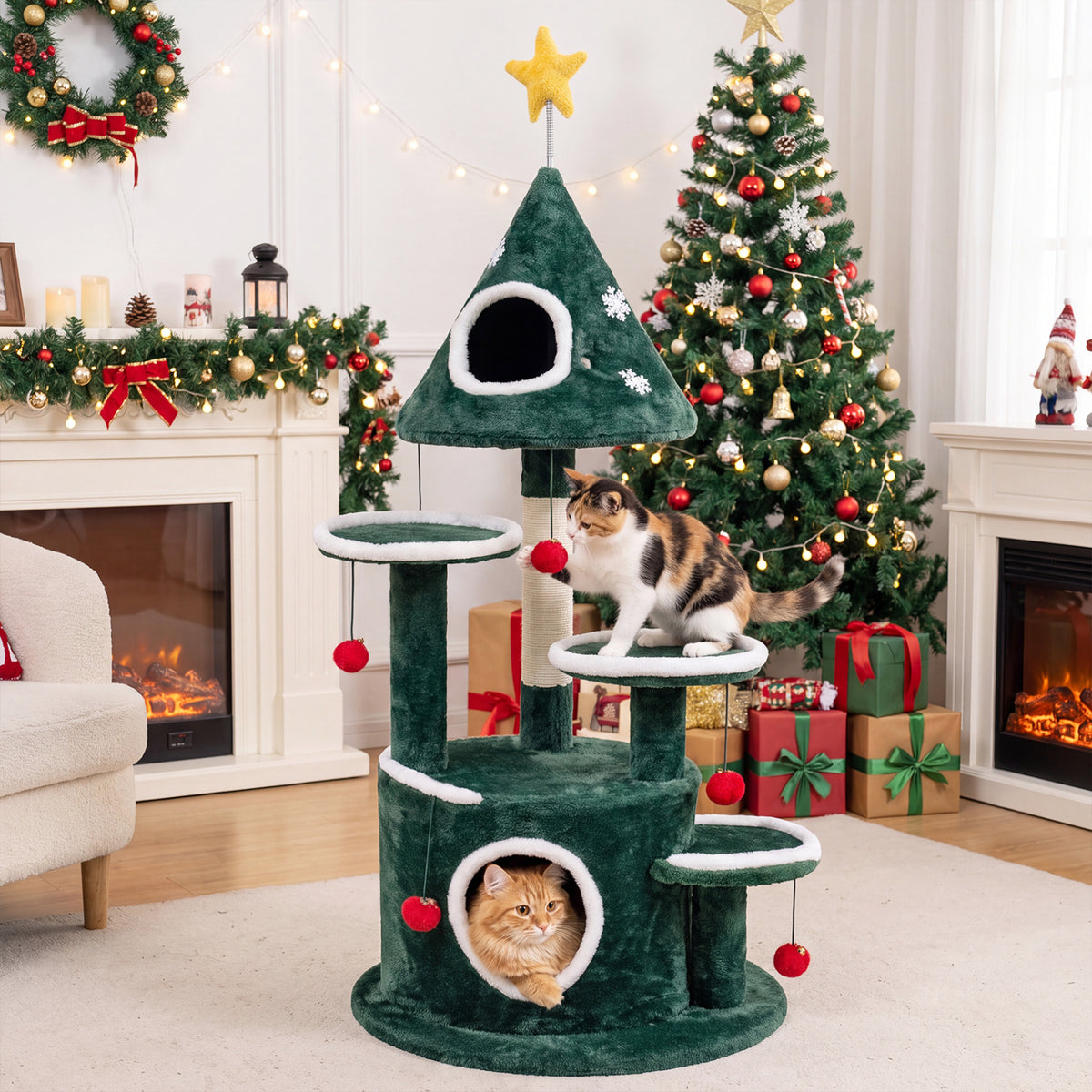 Green Christmas cat tree with two cats among festive living room decorations