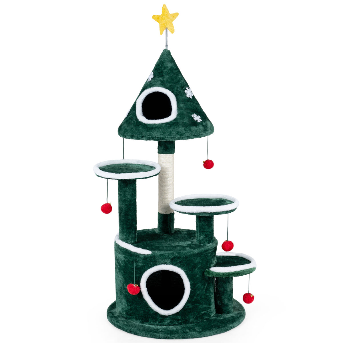 Green Christmas tree-shaped cat tree with platforms and two condos on white