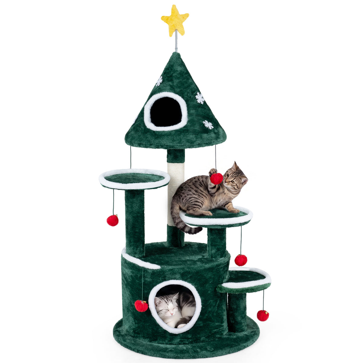 Green Christmas cat tree with cats on a platform and inside the lower condo