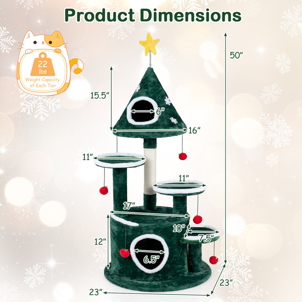 Dimension graphic showing the green Christmas cat tree and measurements
