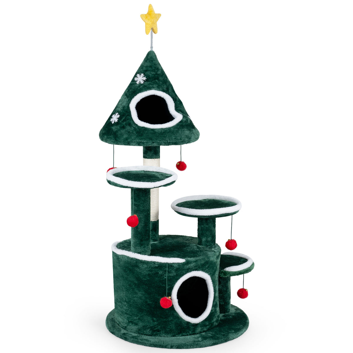 Green Christmas tree-shaped cat tree viewed at an angle on a white background