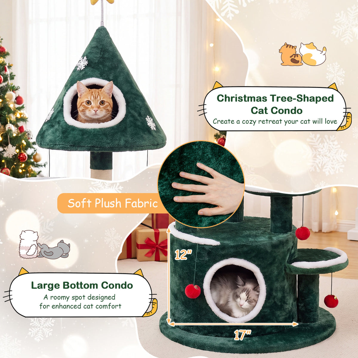Close-up views show a cat inside the tree-shaped condo, plush fabric, and the round lower condo with a cat inside.