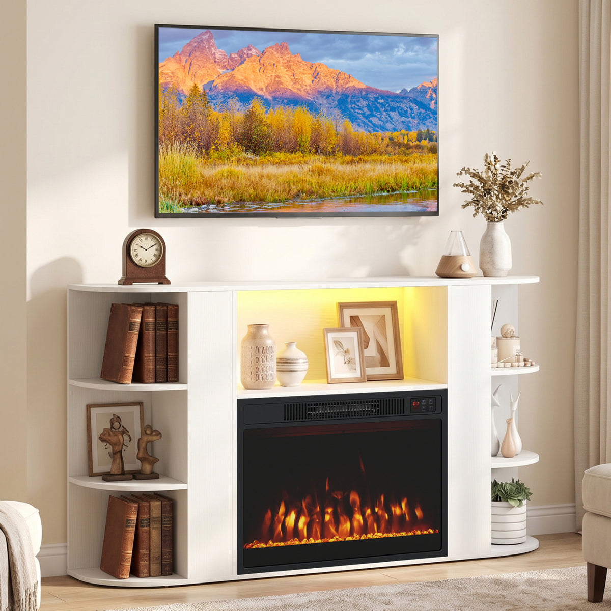 White fireplace TV stand with glowing flames and yellow shelf lighting beneath a wall-mounted TV.