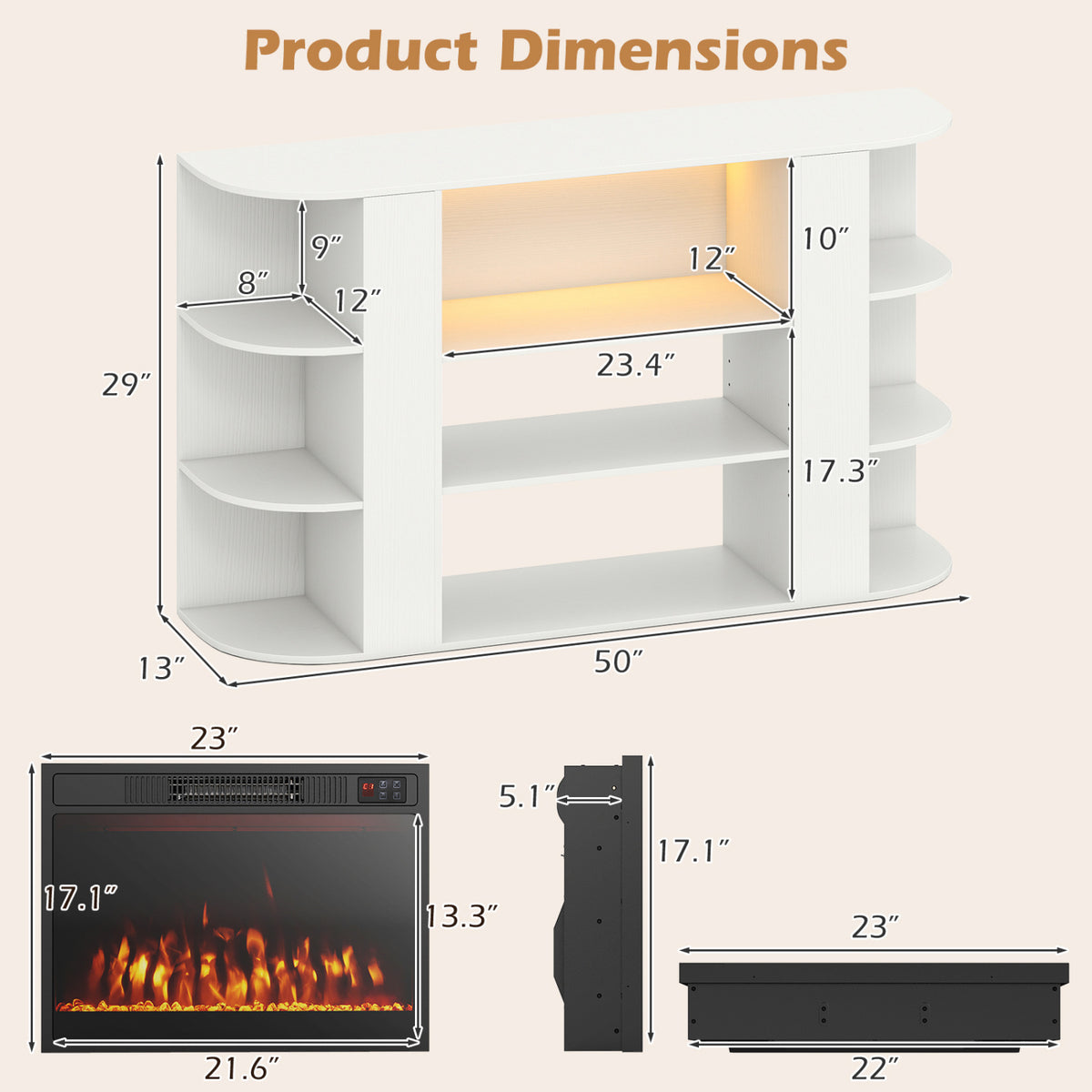 Illustration of the stand and separate fireplace insert with measurement arrows.