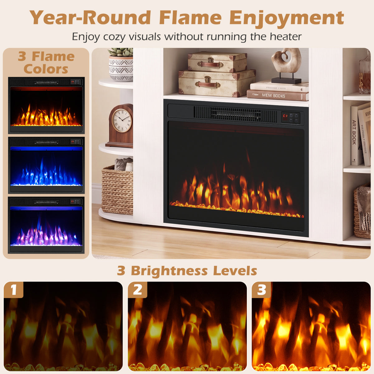 Close-up collage showing the fireplace with orange flames and three flame color and brightness examples.
