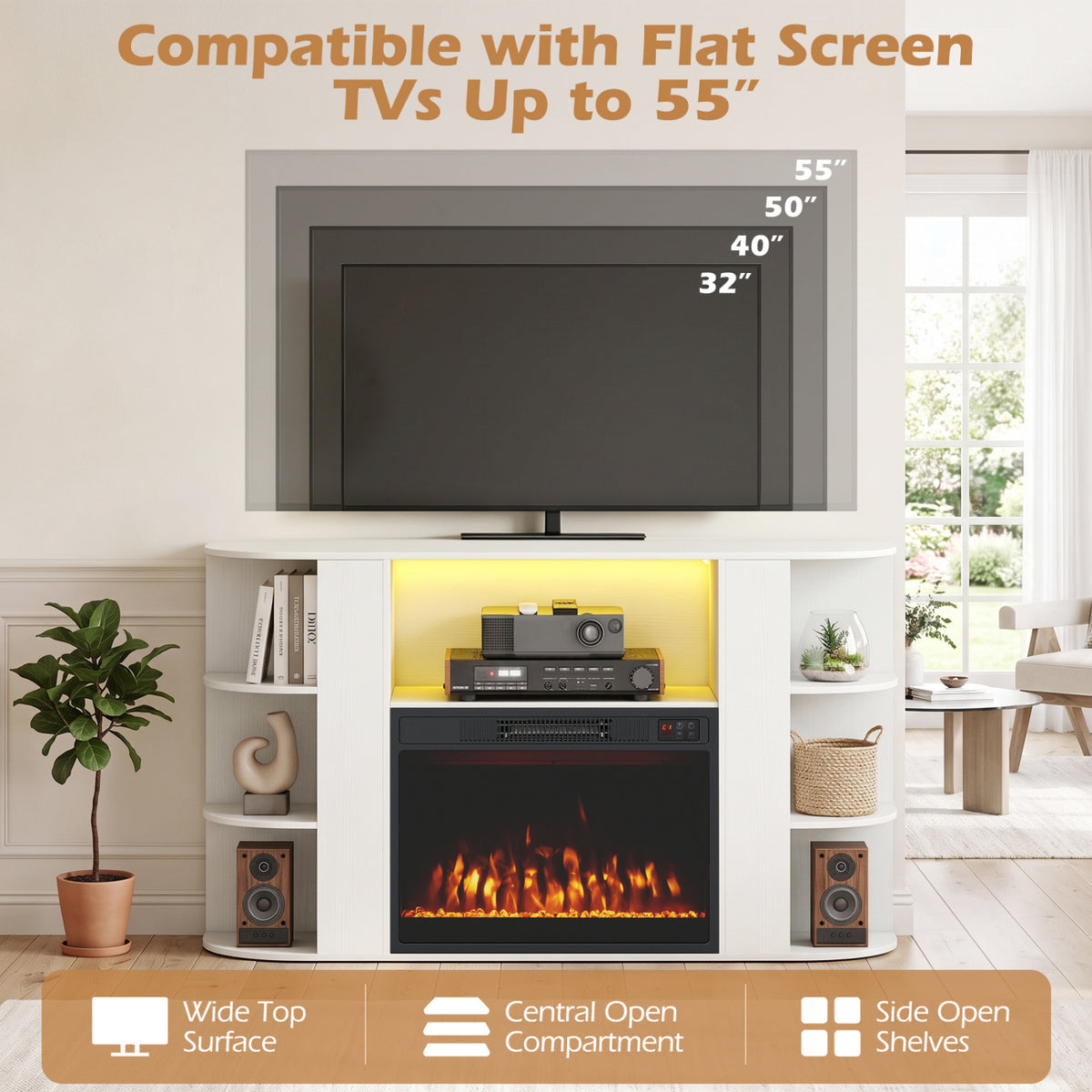 White fireplace console beneath layered TV outlines, with open center storage and side shelves.