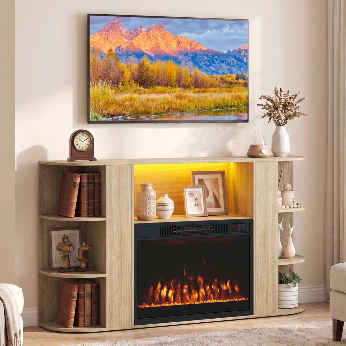 Light wood TV stand with a glowing electric fireplace, open shelves, and yellow-lit center compartment.