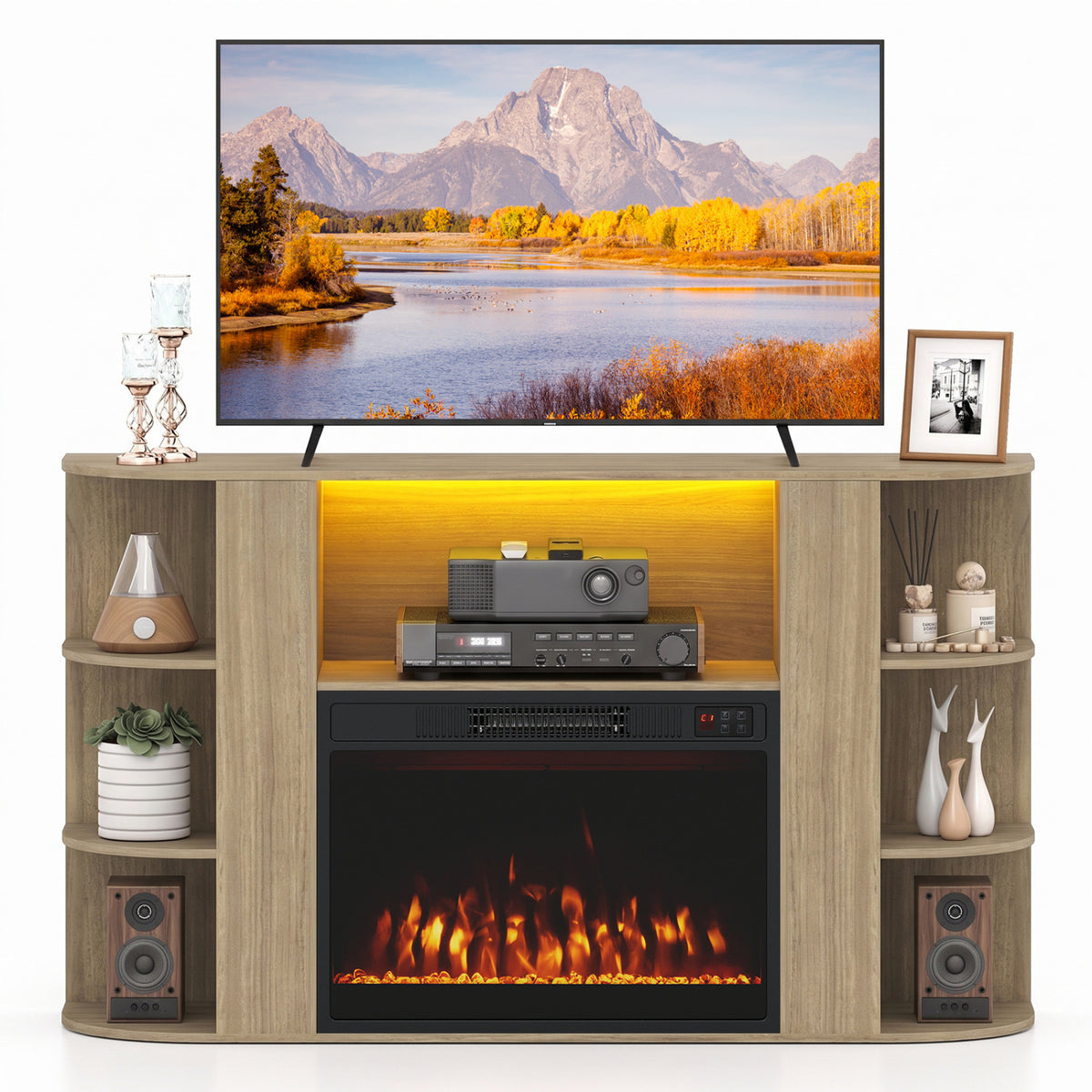 Light wood TV stand with an electric fireplace, illuminated center shelf, and open display shelves on both sides.