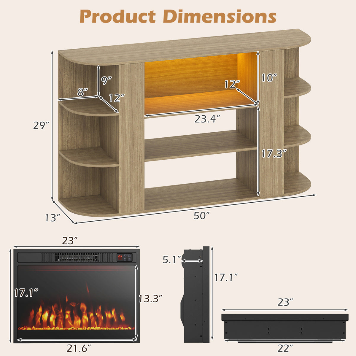 Illustrated dimensions for the TV stand and fireplace insert, with measurements marked around each component.