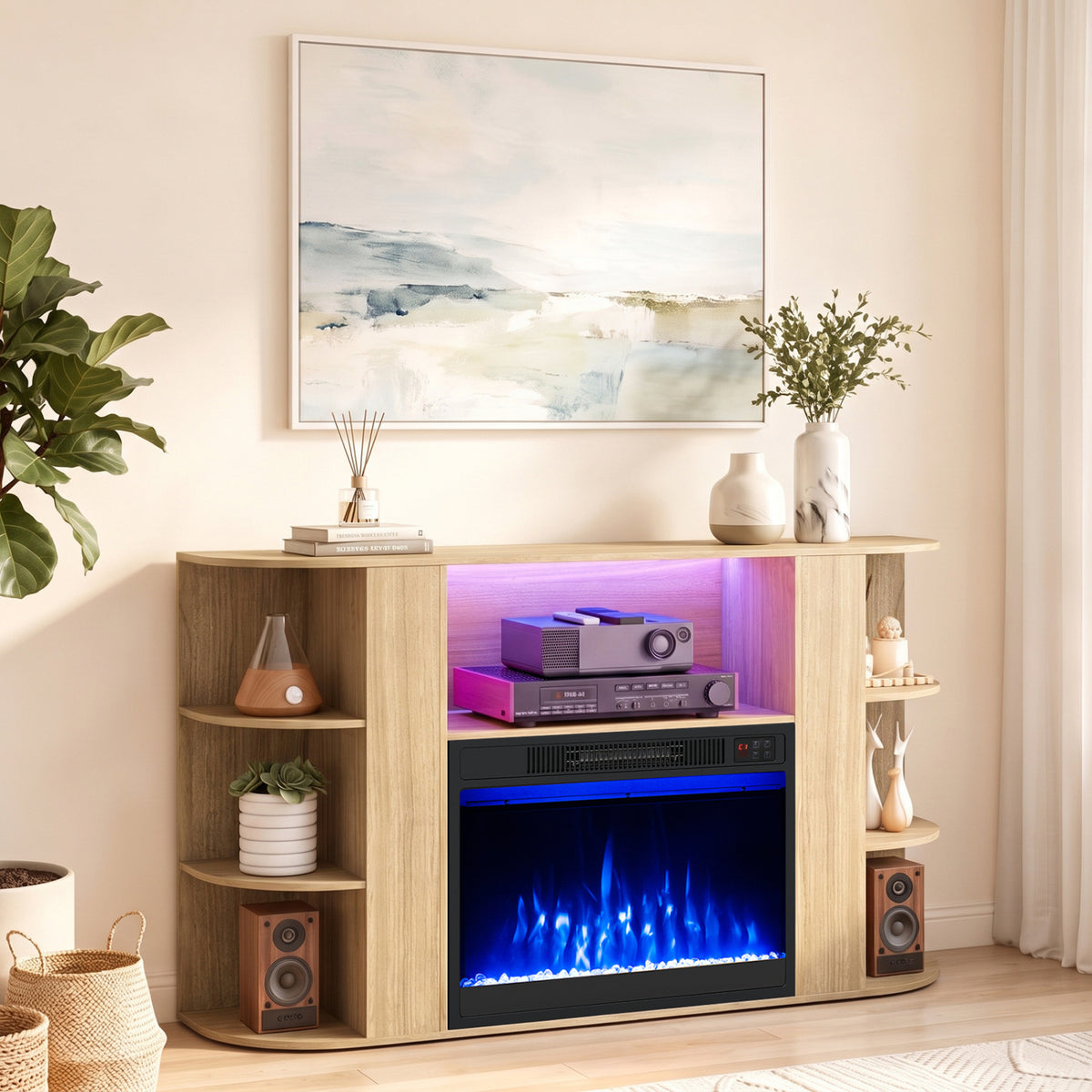Light wood TV stand with blue-lit electric fireplace, purple shelf lighting and speakers in a bright living room.