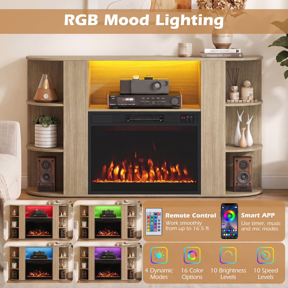 Light wood fireplace TV stand shown with warm yellow shelf lighting and a collage of lighting colors and controls.