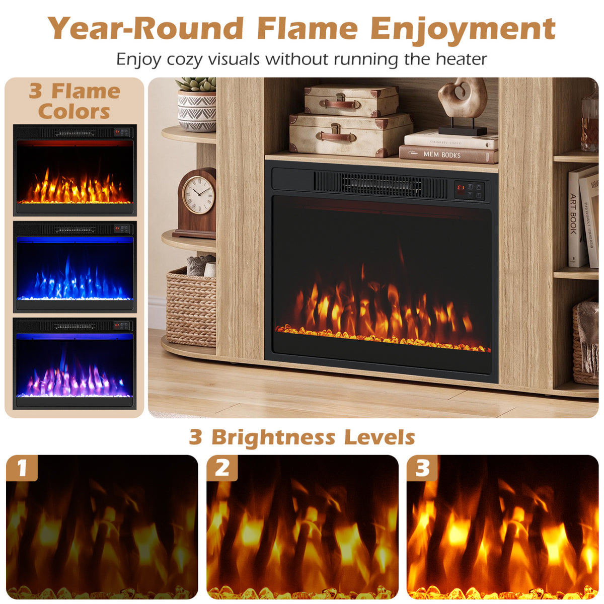 Close view of the fireplace with orange flames, alongside blue and purple flame examples and flame brightness comparisons.