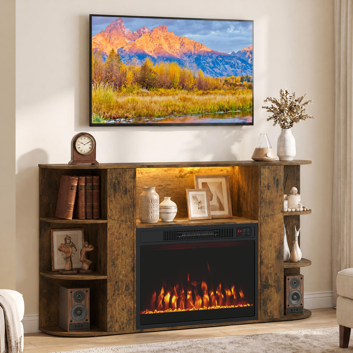 Dark rustic wood TV stand with an orange-lit electric fireplace, displayed beneath a wall-mounted TV.