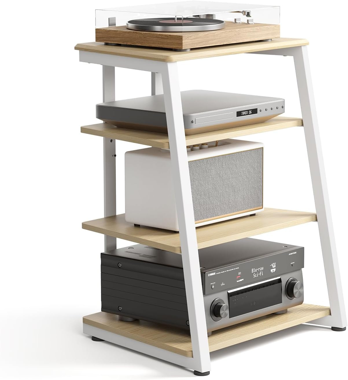 Three-quarter studio view of the stand in a white frame with light wood shelves loaded with audio components