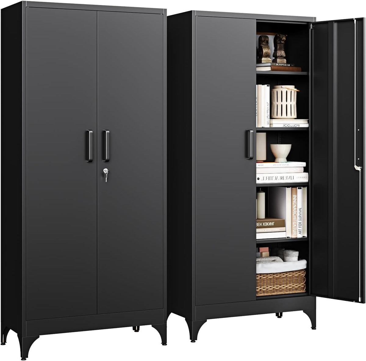 Two tall black metal storage cabinets side by side; right unit open showing five interior shelves with storage items.