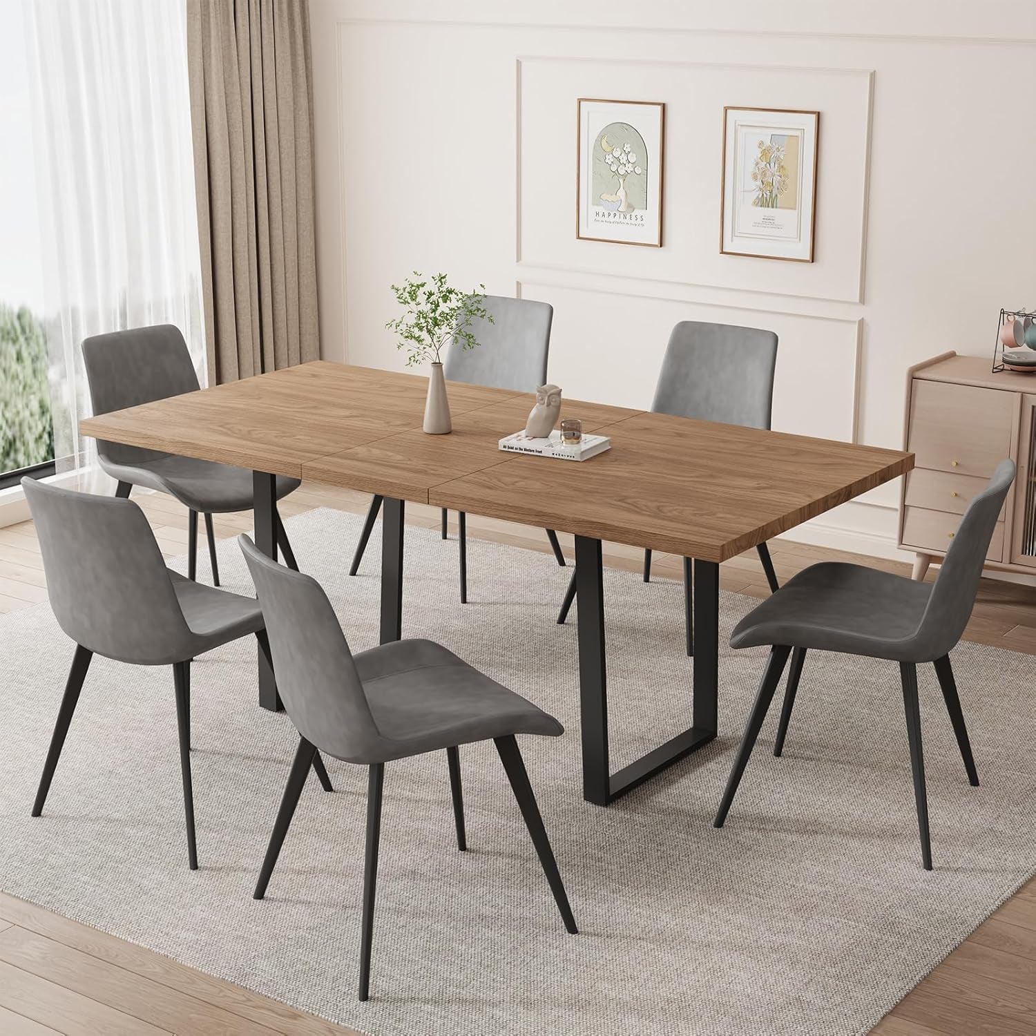 Warm wood tabletop with six grey PU chairs arranged around a black metal trestle base.
