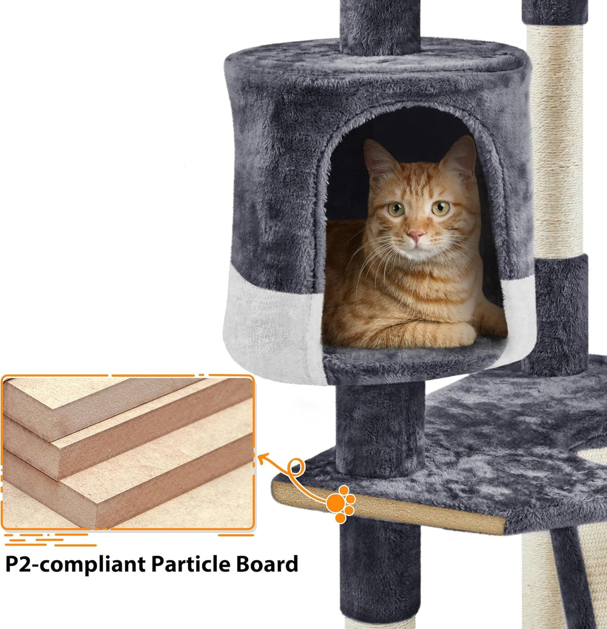 Close-up of a plush cat condo with an orange tabby resting inside and a sisal-wrapped post beside it.