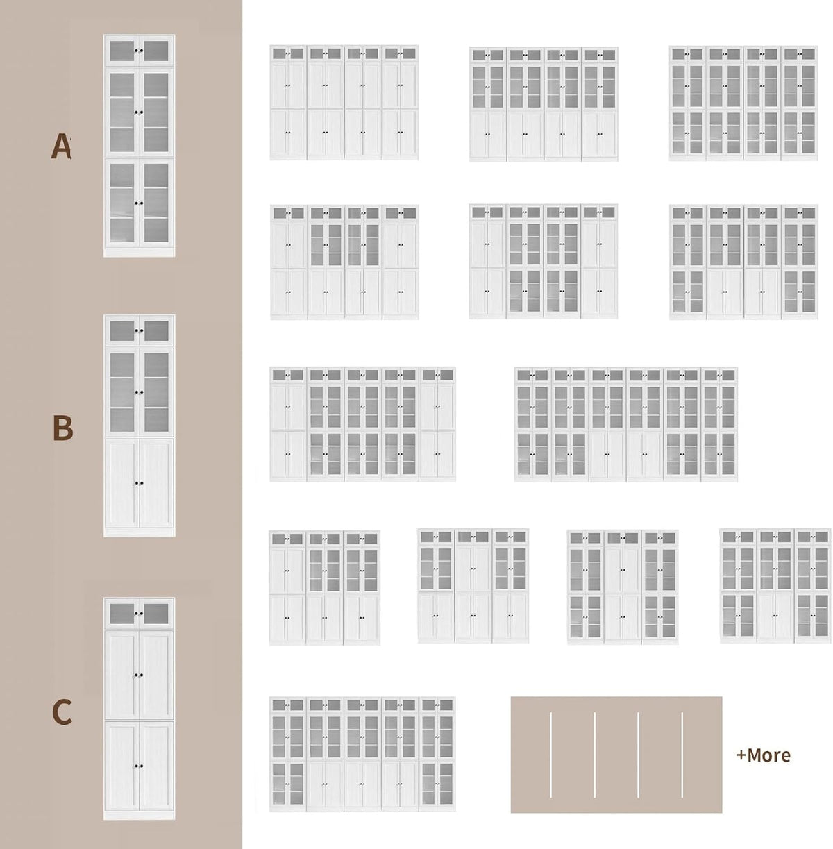 Small thumbnails showing multiple vertical bookcase layout options and three column arrangement examples.