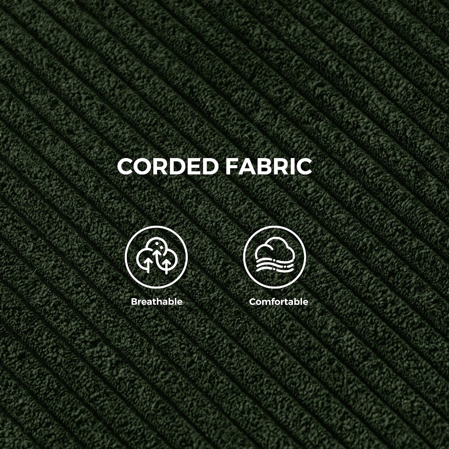 Close-up of dark green corded fabric showing textured diagonal ribs