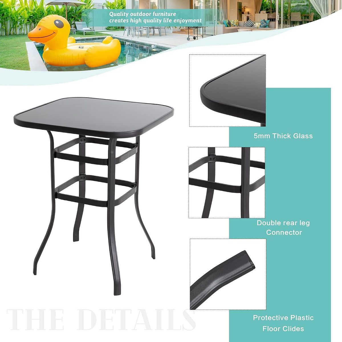 Square tempered-glass table shown with close-up insets of the glass edge and leg connectors.