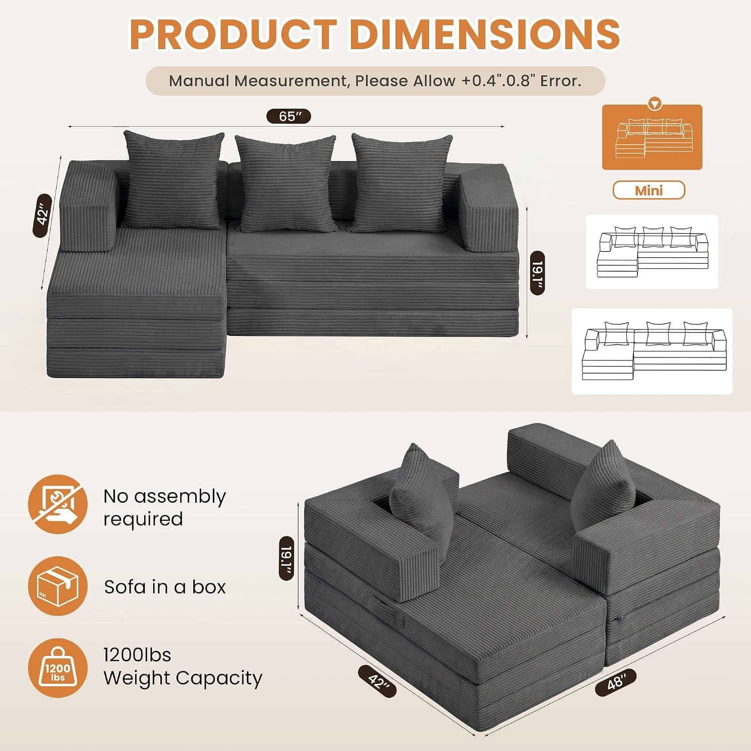 Front view of small tri-fold sectional showing cushions and armrests with dimensional callouts