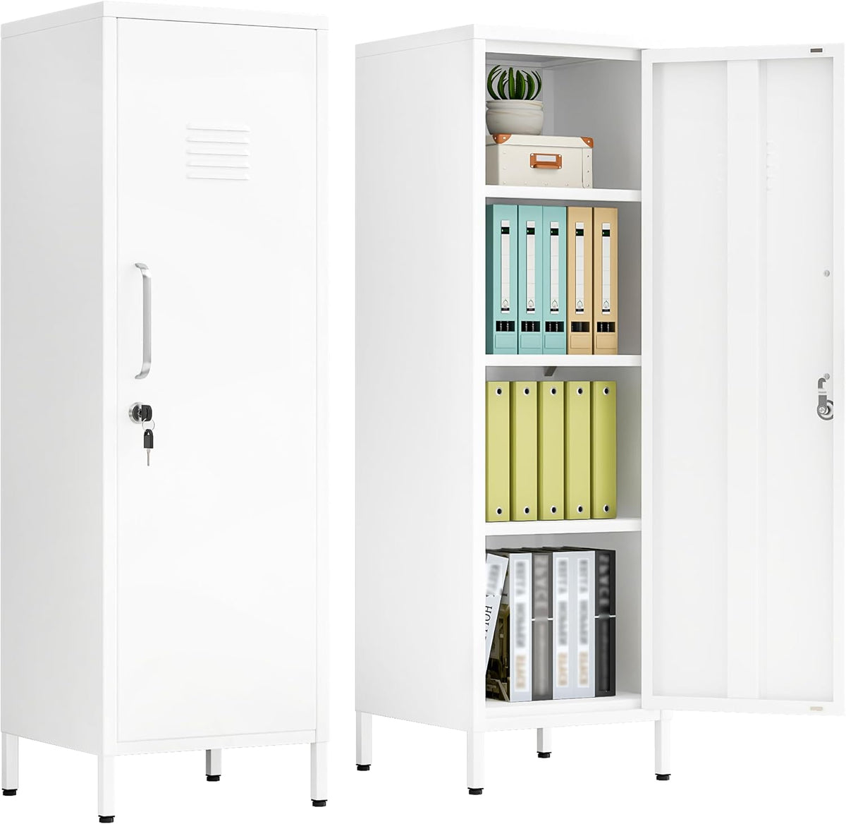 Tall white metal locker shown closed (left) and open (right) with shelves holding binders and files.