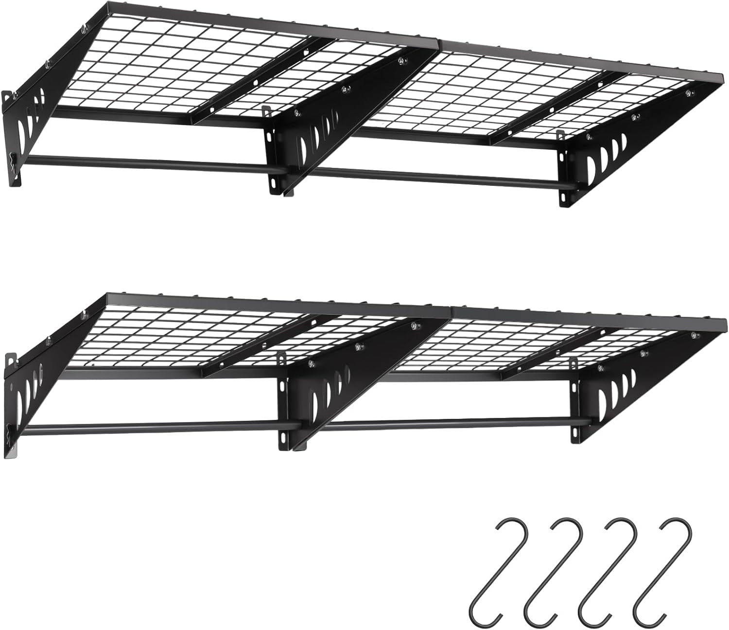 Black steel wall-mounted shelf pair with hanging rods and four S-hooks, angled front view on white background