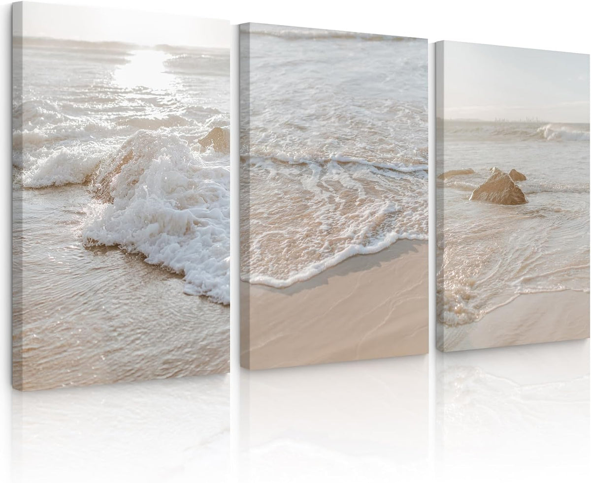 Three vertical canvas panels showing a sandy shore with foamy waves, displayed side-by-side.