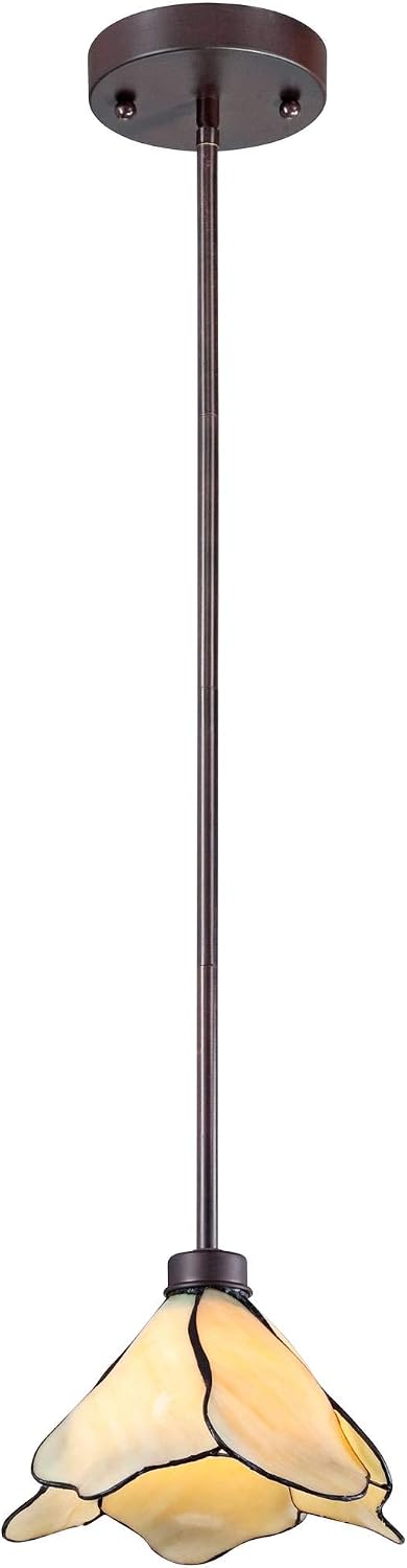 Tall vertical view of the pendant and long downrod with amber glass shade on a white background.