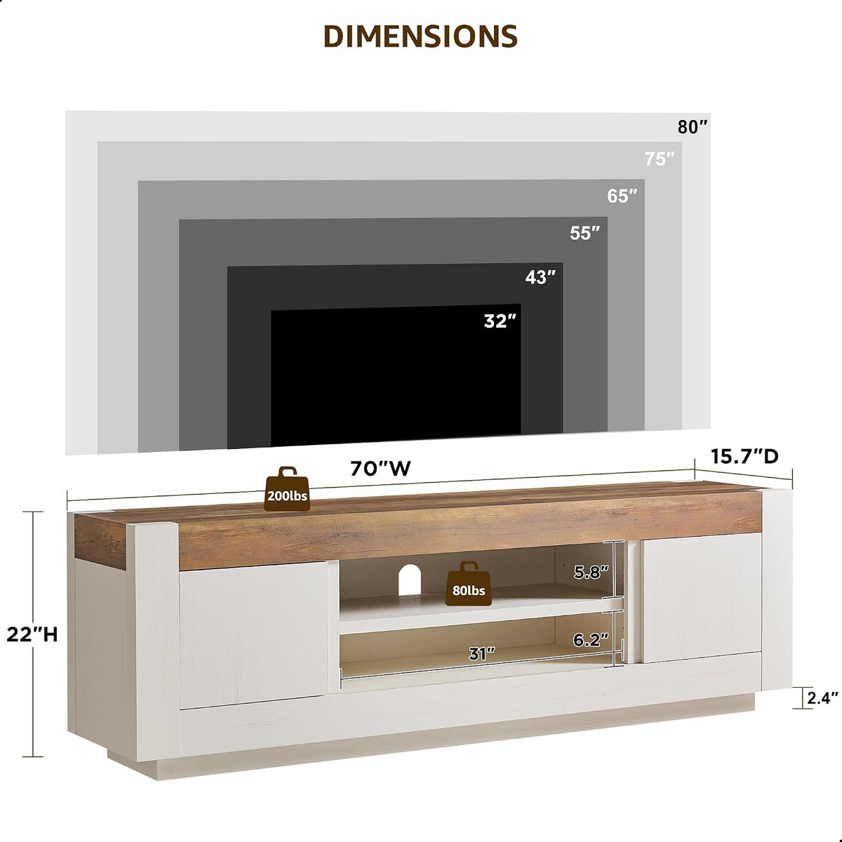 Antique white TV stand shown in a dimensions graphic with a wood-grain top