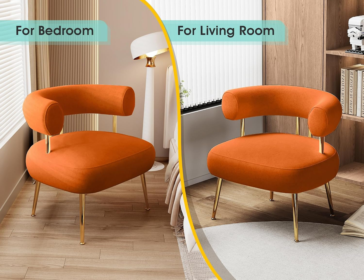 Orange round accent chair shown in bedroom and living room placements with metal legs and curved back