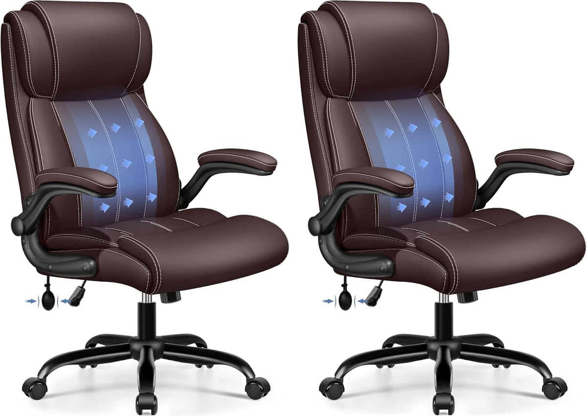 Two dark-brown office chairs shown from the front-right, highlighting stitched seams.