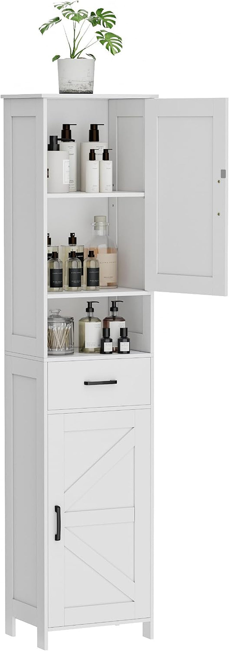 Front view of the tall white cabinet with upper and lower doors open revealing shelves stocked with bottles and a potted