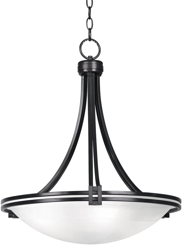 Front view of the pendant in a dark oil-rubbed bronze finish showing curved arms and white glass bowl.